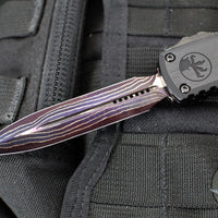 Microtech Ultratech ZBP Zero Blade Play OTF Knife- Double Edge- Black Handle- Baker Forge Blued Icestorm Damascus Blade- Purple Clip 1122-16 MS3