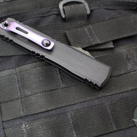 Microtech Ultratech ZBP Zero Blade Play OTF Knife- Double Edge- Black Handle- Baker Forge Blued Icestorm Damascus Blade- Purple Clip 1122-16 MS3