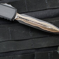 Microtech Ultratech ZBP Zero Blade Play OTF Knife- Double Edge- Black Handle- Baker Forge Tigermai Damascus Blade 1122-16 MS1