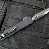 Microtech Ultratech ZBP Zero Blade Play OTF Knife- Double Edge- Shadow Edition- Black Handle- Black DLC Plain Edge Blade- DLC Hardware 1122-1 DLCTSH