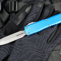 Microtech Ultratech OTF Knife- GEN IV- Double Edge- Blue Handle- Apocalyptic Finished Blade 11224-10 APBL