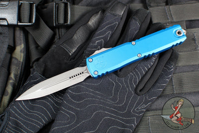 Microtech Ultratech OTF Knife- GEN IV- Double Edge- Blue Handle- Apocalyptic Finished Blade 11224-10 APBL