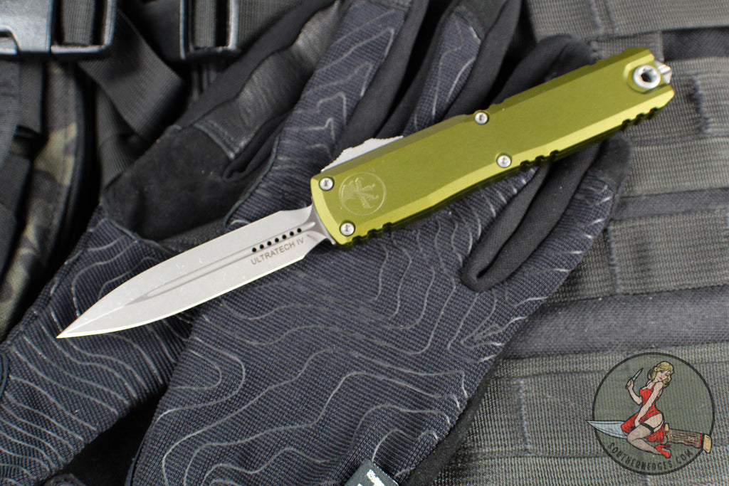 Microtech Ultratech OTF Knife- GEN IV- Double Edge- OD Green Handle- Apocalyptic Finished Blade 11224-10 APOD