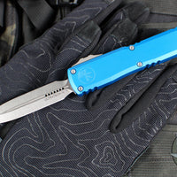 Microtech Ultratech OTF Knife- GEN IV- Double Edge- Blue Handle- Stonewash Finished Blade 11224-10 BL