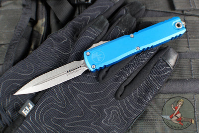Microtech Ultratech OTF Knife- GEN IV- Double Edge- Blue Handle- Stonewash Finished Blade 11224-10 BL