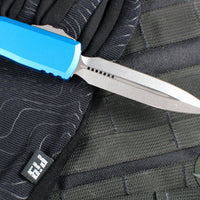 Microtech Ultratech OTF Knife- GEN IV- Double Edge- Blue Handle- Stonewash Finished Blade 11224-10 BL