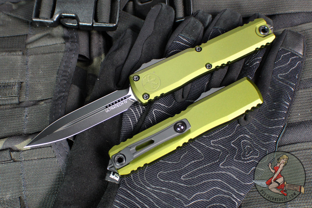 Microtech Ultratech OTF Knife- GEN IV- Double Edge- OD Green Handle- Black Finished Plain Edge Blade 11224-1 OD