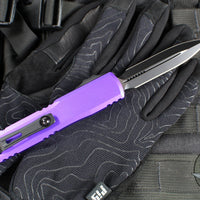 Microtech Ultratech OTF Knife- GEN IV- Double Edge- Purple Handle- Black Finished Plain Edge Blade 11224-1 PU