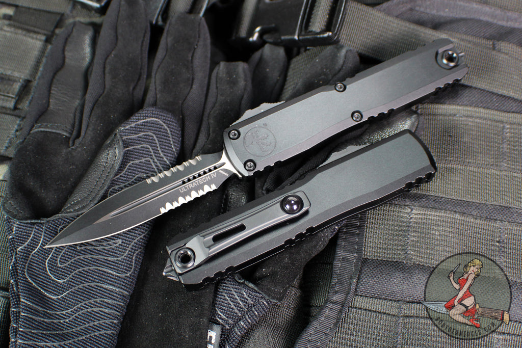 Microtech Ultratech OTF Knife- GEN IV- Tactical- Double Edge- Black Handle- Black Finished Part Serrated Edge Blade 11224-2 T