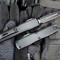 Microtech Ultratech OTF Knife- GEN IV- Tactical- Double Edge- Black Handle- Black Finished Part Serrated Edge Blade 11224-2 T