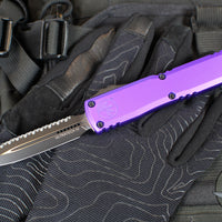 Microtech Ultratech OTF Knife- GEN IV- Double Edge- Purple Handle- Black Finished Full Serrated Edge Blade 11224-3 PU
