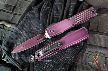 Microtech Ultratech OTF Knife- GEN IV- Half Tri-Grip- Double Edge- Purple Abrasion Finished Handle- Purple Abrasion Finished Plain Edge Blade 11224HT-1 PUAA