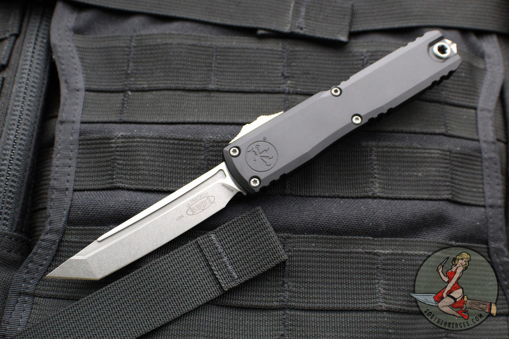 Microtech Ultratech ZBP Zero Blade Play OTF Knife- Tanto Edge- Black Handle- Stonewash Blade 1123-10