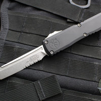 Microtech Ultratech ZBP Zero Blade Play OTF Knife- Tanto Edge- Black Handle- Stonewash Part Serrated Blade 1123-11