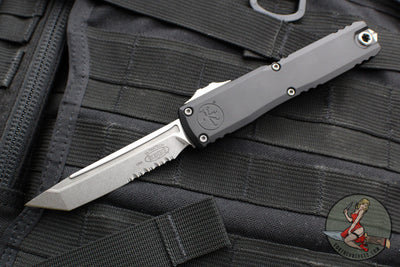 Microtech Ultratech ZBP Zero Blade Play OTF Knife- Tanto Edge- Black Handle- Stonewash Part Serrated Blade 1123-11