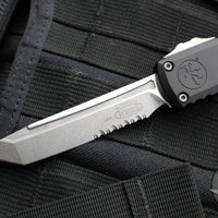 Microtech Ultratech ZBP Zero Blade Play OTF Knife- Tanto Edge- Black Handle- Stonewash Part Serrated Blade 1123-11