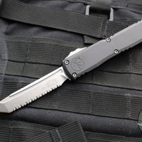 Microtech Ultratech ZBP Zero Blade Play OTF Knife- Tanto Edge- Black Handle- Stonewash Full Serrated Blade 1123-12