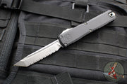 Microtech Ultratech ZBP Zero Blade Play OTF Knife- Tanto Edge- Black Handle- Stonewash Full Serrated Blade 1123-12