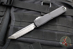 Microtech Ultratech ZBP Zero Blade Play OTF Knife- Tanto Edge- Black Handle- Stonewash Full Serrated Blade 1123-12