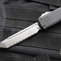 Microtech Ultratech ZBP Zero Blade Play OTF Knife- Tanto Edge- Black Handle- Stonewash Full Serrated Blade 1123-12