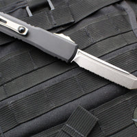 Microtech Ultratech ZBP Zero Blade Play OTF Knife- Tanto Edge- Black Handle- Stonewash Full Serrated Blade 1123-12