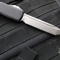 Microtech Ultratech ZBP Zero Blade Play OTF Knife- Tanto Edge- Black Handle- Stonewash Full Serrated Blade 1123-12