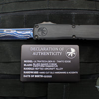 Microtech Ultratech ZBP Zero Blade Play OTF Knife- Tanto Edge- Black Handle- Baker Forge Blued Icestorm Damascus Blade 1123-16 MS3