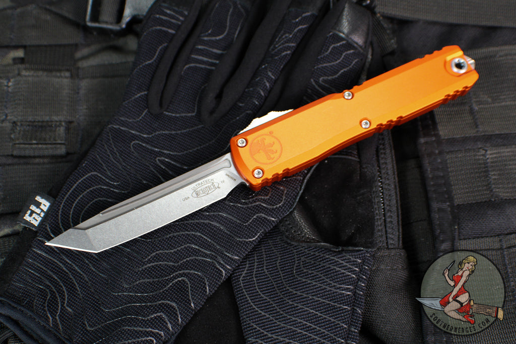 Microtech Ultratech OTF Knife- GEN IV- Tanto Edge- Orange Handle- Stonewash Finished Blade 11234-10 OR
