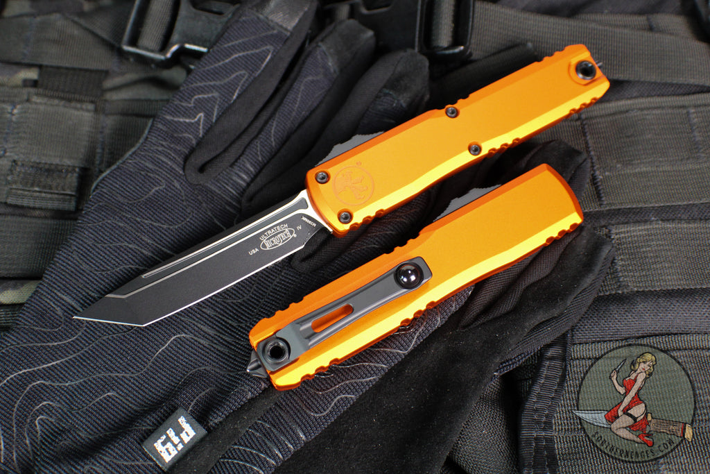 Microtech Ultratech OTF Knife- GEN IV- Tanto Edge- Orange Handle- Black Finished Blade 11234-1 OR