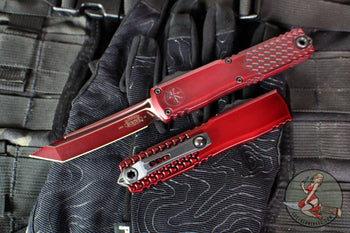 Microtech Ultratech OTF Knife- GEN IV- Half Tri-Grip- Tanto Edge- Red Abrasion Finished Handle- Red Abrasion Finished Plain Edge Blade 11234HT-1 RDAA