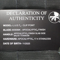 Marfione Select LUDT OTS Knife- Apocalyptic Finished Titanium Handle- Apocalyptic Plain Edge Blade 1135-10 APMS1