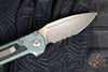 Marfione Select LUDT OTS Knife- Single Edge- Antique Green Anodized Titanium Handle- Textured Inlay- Bronzed Stonewash Part Serrated Edge Blade 1135-14 MS3