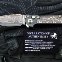 Microtech LUDT OTS Knife- Single Edge- Black Handle- Protech Composites Livewire Carbon Fiber Inlay- Baker Forge Coppermai Damascus Plain Edge Blade 1135-16 MS1