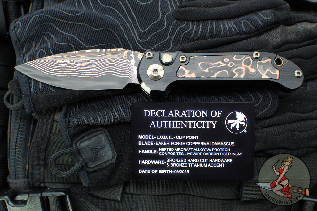 Microtech LUDT OTS Knife- Single Edge- Black Handle- Protech Composites Livewire Carbon Fiber Inlay- Baker Forge Coppermai Damascus Plain Edge Blade 1135-16 MS1