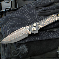 Microtech LUDT OTS Knife- Single Edge- Black Handle- Protech Composites Livewire Carbon Fiber Inlay- Baker Forge Coppermai Damascus Plain Edge Blade 1135-16 MS1