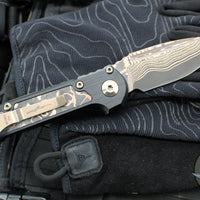 Microtech LUDT OTS Knife- Single Edge- Black Handle- Protech Composites Livewire Carbon Fiber Inlay- Baker Forge Coppermai Damascus Plain Edge Blade 1135-16 MS1