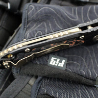 Microtech LUDT OTS Knife- Single Edge- Black Handle- Protech Composites Livewire Carbon Fiber Inlay- Baker Forge Coppermai Damascus Plain Edge Blade 1135-16 MS1
