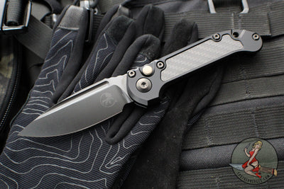 Microtech LUDT OTS Knife- Single Edge- Tactical- Black Handle- Carbon Fiber Inlay- DLC Black Plain Edge Blade 1135-1 DLCTCFIS