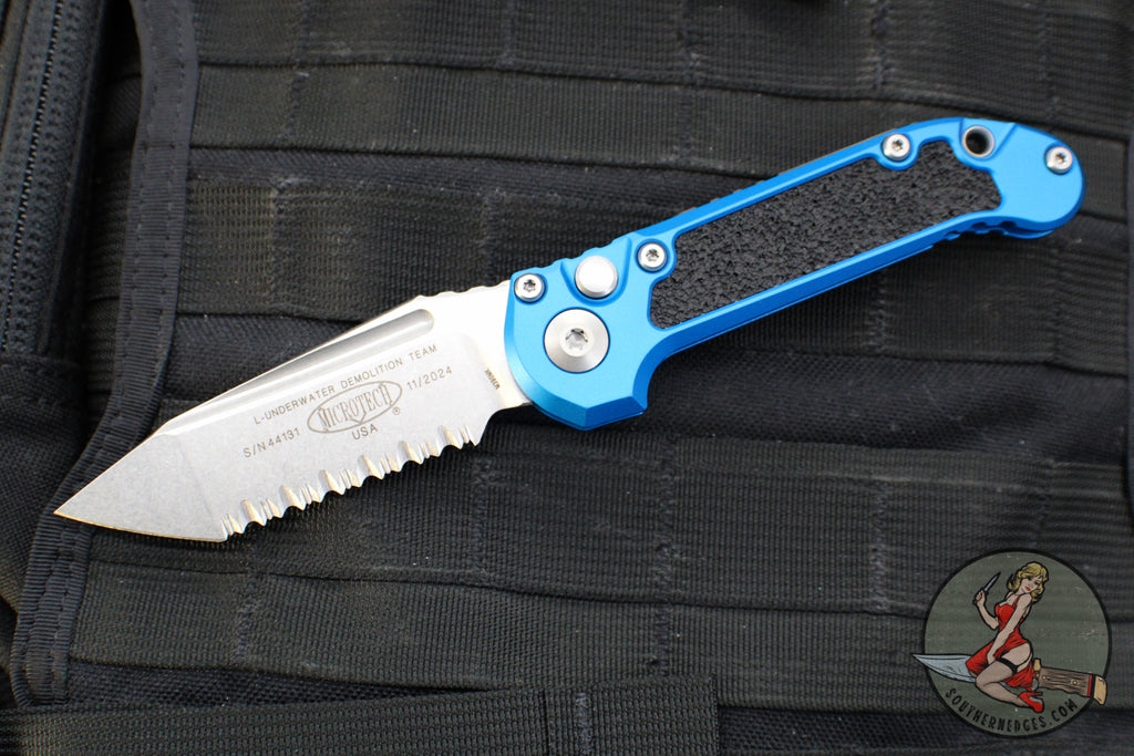 Microtech LUDT OTS Knife- Gen III- Tanto Edge- Blue Handle- Stonewash Full Serrated Blade 1136-12 BL