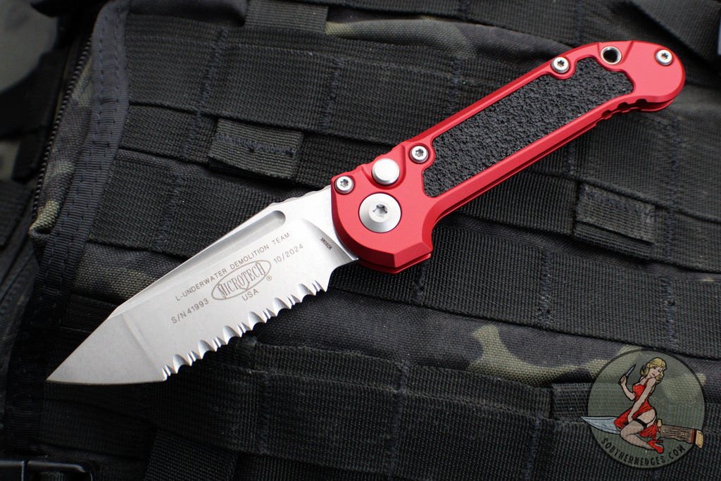 Microtech 2024 LUDT OTS Knife- Tanto Edge- Red Handle- Stonewash Full Serrated Blade 1136-12 RD