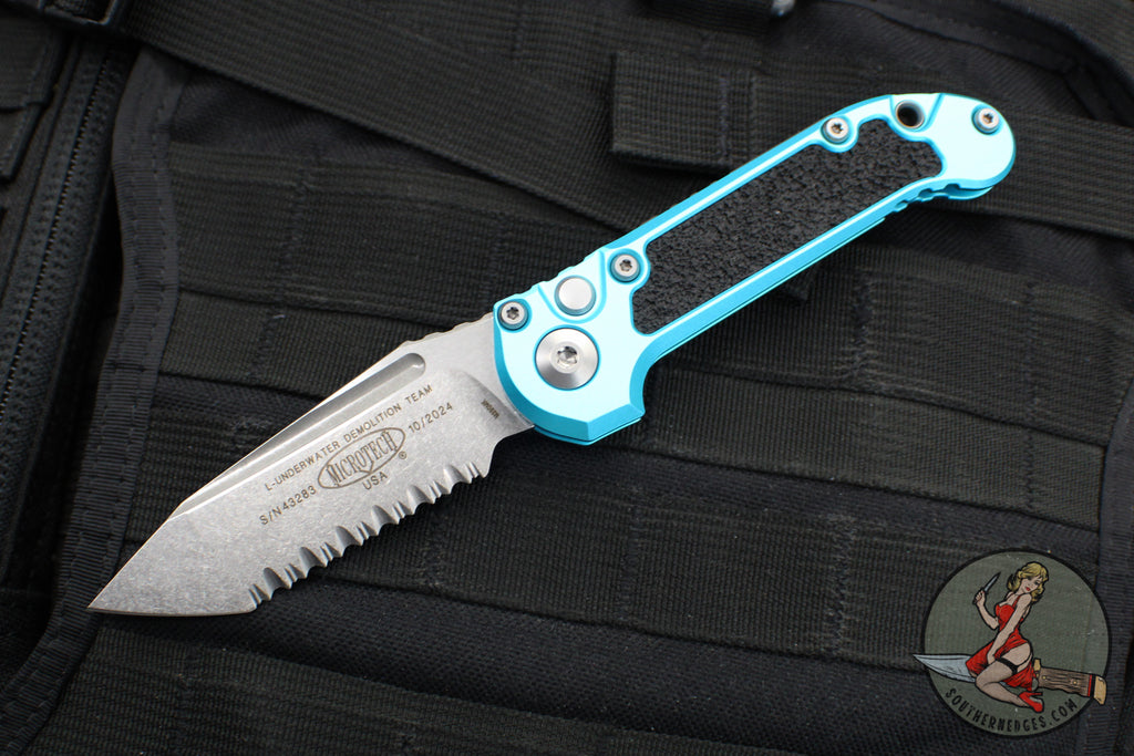 Microtech 2024 LUDT OTS Knife- Tanto Edge- Turquoise Handle- Stonewash Full Serrated Blade 1136-12 TQ