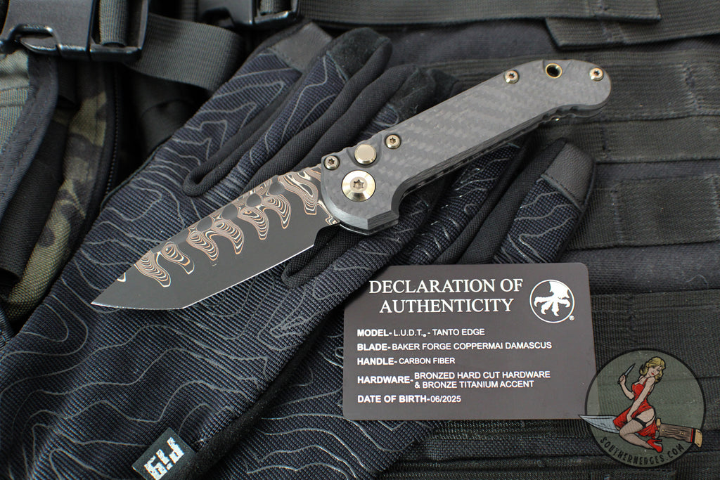 Marfione Select LUDT OTS Knife- Tanto Edge- Carbon Fiber Handle- Baker Forge Coppermai Damascus Blade- Bronze HW 1136-16 MS1 v2