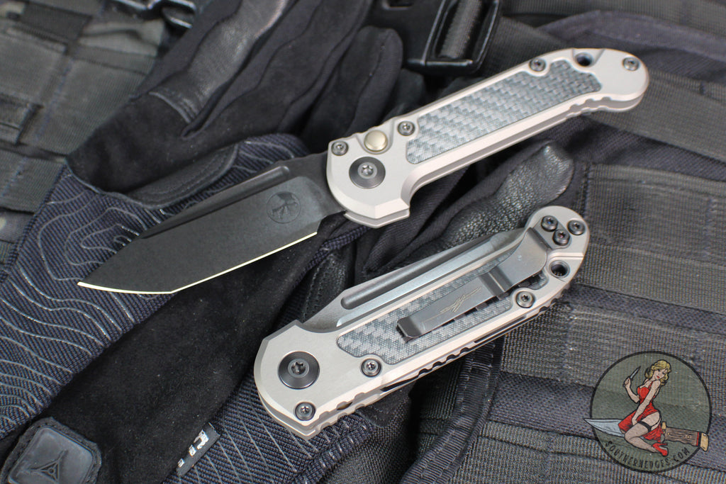 Microtech LUDT OTS Knife- Tanto Edge- Natural Clear Finished Handle- Carbon Fiber Inlay- Black DLC Finished Blade 1136-1 DLCTNCCFIS