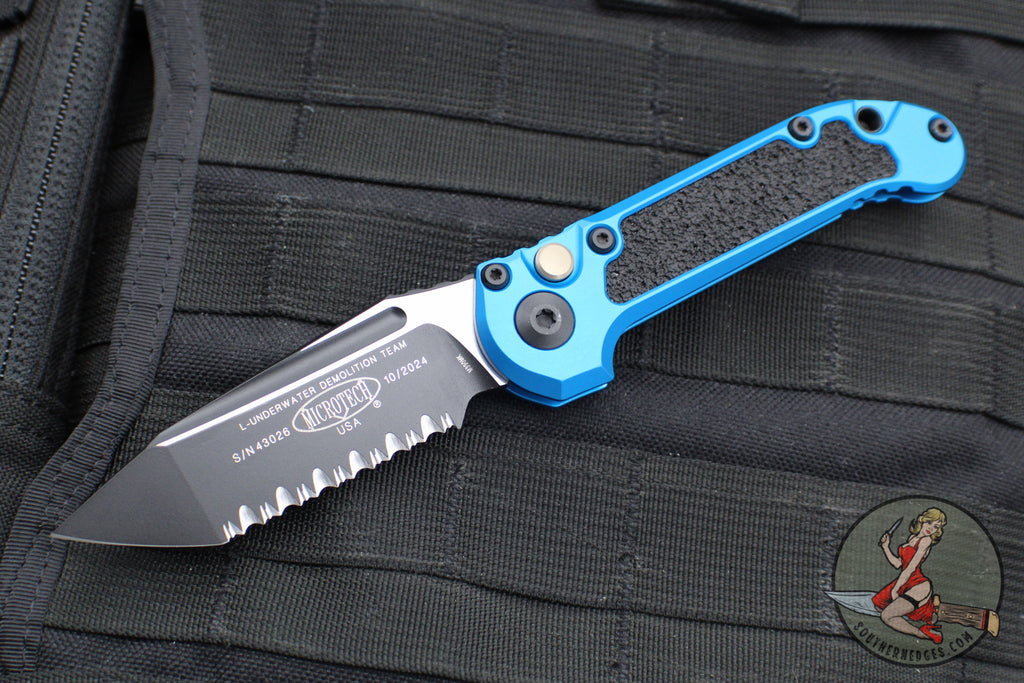 Microtech 2024 LUDT OTS Knife- Blue Handle- Black Full Serrated Blade 1136-3 BL