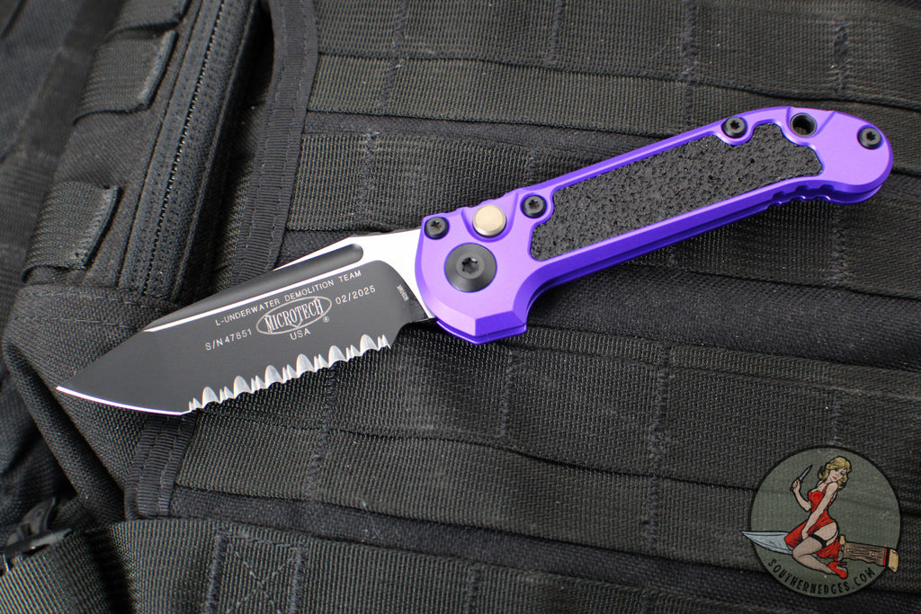 Microtech LUDT OTS Knife- Purple Handle- Black Full Serrated Blade 1136-3 PU