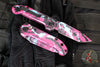 Microtech LUDT OTS Knife- Smooth Body- Tanto Edge- Pink With Black And Blue Splatter Finished Handle And Plain Edge Blade 1136S-1BKPK-LBSPLS