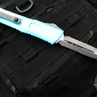 Microtech Combat Troodon Gen III OTF Knife- Double Edge- Turquoise Handle- Apocalyptic Part Serrated Blade 1142-11 APTQ Gen III 2024