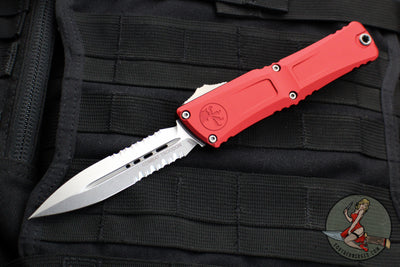 Microtech Combat Troodon Gen III OTF Knife- Double Edge- Red Handle- Stonewash Part Serrated Blade 1142-11 RD Gen III 2024