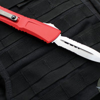 Microtech Combat Troodon Gen III OTF Knife- Double Edge- Red Handle- Stonewash Part Serrated Blade 1142-11 RD Gen III 2024