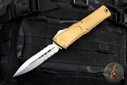Microtech Combat Troodon Gen III OTF Knife- Double Edge- Tan Handle- Stonewash Part Serrated Blade 1142-11 TA Gen III 2024